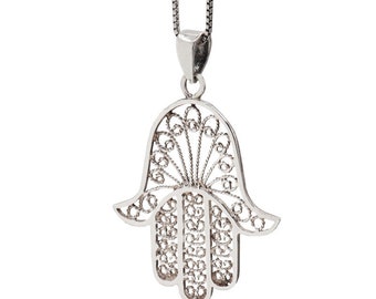 Sterling Silver Filigree Hamsa Hand Pendant Necklace