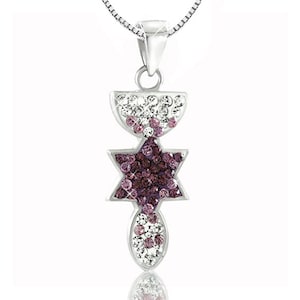 925 Sterling Silver Menorah, Star of David Fish pendant Set With  purple-pink and white crystals, David Star Menorah Fish Pendant