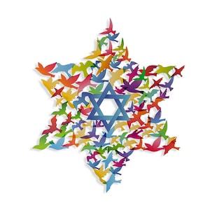 Star of David Wall Hanging (39.5*34 cm)– Colorful Birds Wall Hanging – Star of David Metal Art – Jewish Blessing Gift
