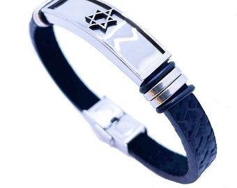 Stainless Steel Star Of David bracelet with Synthetic Leather Band (21 cm), Magen David Bracelet