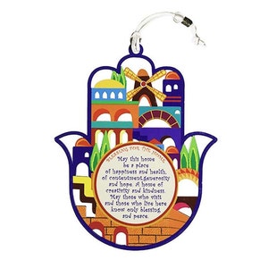English Home Blessing 17X13 cm hamsa wall hanging decorated with colorful Jerusalem city, Hamsa Wall Decor