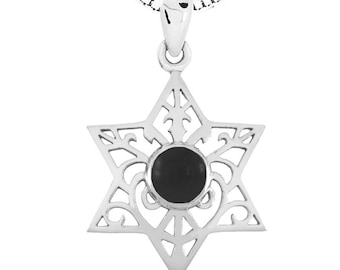 Sterling Silver Star of David pendant set with black onyx, Magen David necklace with black onyx