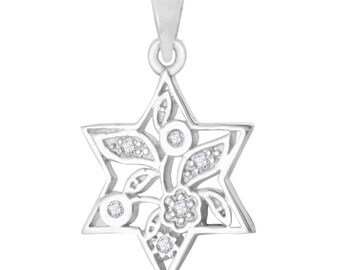 May include: A silver-toned metal pendant shaped like a six-pointed star. The interior of the star features an openwork design of leaves, stems, and a small flower, with five small, clear, round stones embedded within the metal structure.