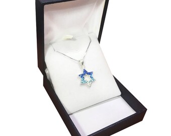 Collana Stella di David in argento 925 - cuori tempestati di cristalli blu