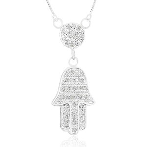 925 Sterling Silver Hamsa necklace with rhodium plating set with white crystal, Hamsa Hand Necklace