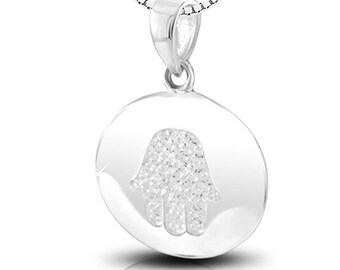 Sterling Silver Hamsa Pendant with Rhodium plating set with white crystal