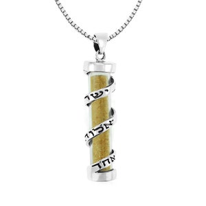 Wisiorek ze srebra próby 925 w kształcie spirali Mezuzah, naszyjnik z Mezuzą Spiral Shema Yisrael, naszyjnik z Mezuzą Shema Israel z piaskiem