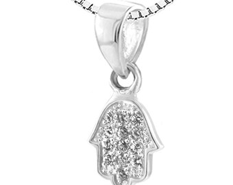 Sterling Silver Hamsa Pendant set with white crystal