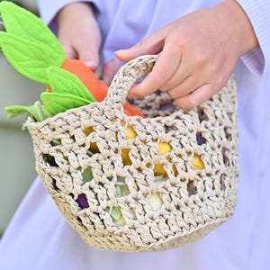 May include: A beige, open-weave crocheted basket with a handle, containing several plush fabric carrots with bright orange roots and textured green leafy tops, along with other soft, rounded fabric shapes in yellow and purple hues.