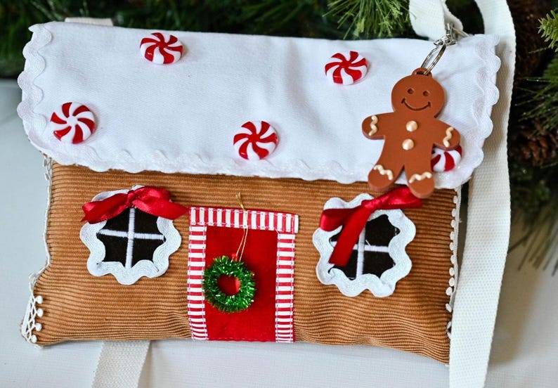 Handmade gingerbread house purse. Gingerbread House Christmas Purse – Peppermint Candy Holiday Crossbody Bag.