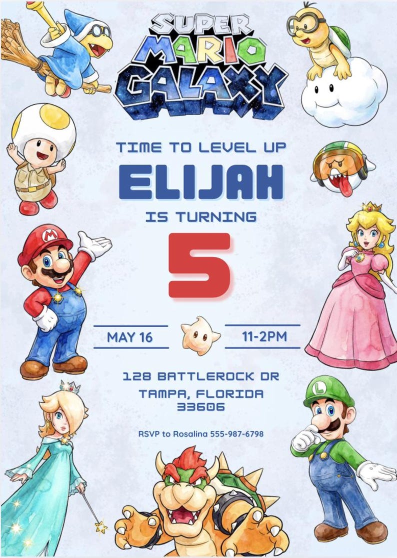 May include: A Super Mario Galaxy themed birthday invitation featuring various characters from the game. The invitation includes the text "Time to Level Up" and "Elijah is turning 5". The date and time of the party are also included.