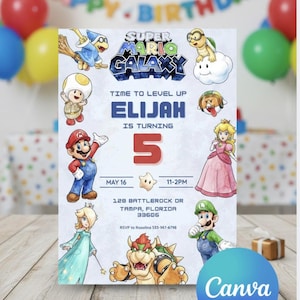 May include: A Super Mario Galaxy birthday invitation featuring Mario, Luigi, Princess Peach, and other characters. The invitation includes the text "ELIJAH is turning 5" with the date and time of the party. Colorful balloons and a "Happy Birthday" banner are in the background.