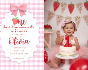 Strawberry First Birthday Invitation, Editable Canva Invite (Digital Download)