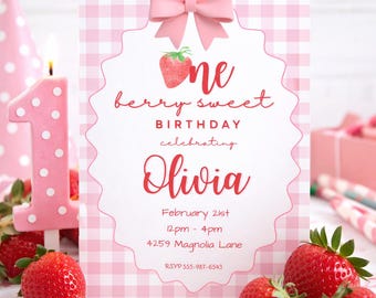 Berry First Birthday Invitation, Editable Canva Invite (Digital Download)