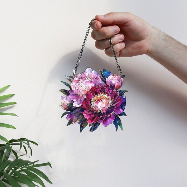 Peonies flowers suncatcher, Flowers Acrylic Window Hanging Art Decoration, Monstera plant, Suncatcher Ornament, Gift for her, Mothers day