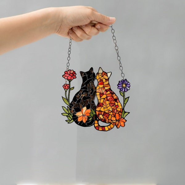 Personalized Suncatcher cat, Acrylic Suncatcher, Poppy Flowers Wall Window Hanging Art Decoration, Cat home decor, Gift for mom, cat lovers