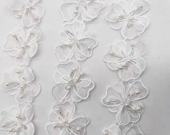 Bordure en dentelle de fleurs faite main de 90 cm de long et 5 cm de diamètre, perles de nacre et dentelle d'organza, dentelle de costume pour enfants, dentelle artisanale, blanc et rose