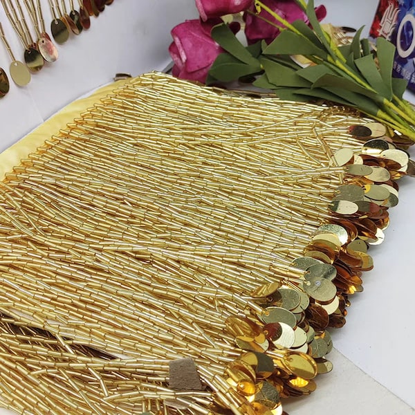 Handmade 90cm Long 15cm Wide Gold Bugle Beads & Sequins Beaded Fringe Dancewear Curtain Lampshade Fringe