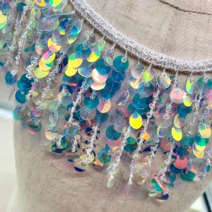 ABクリアスパンコールフリンジトリム、幅8cm、ダンスウェア・コスチューム装飾用（10ヤード）