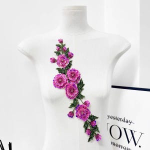 Sequins Beaded Flower Applique Patch, Pink Floral Embroidery Trim (2 Pieces)