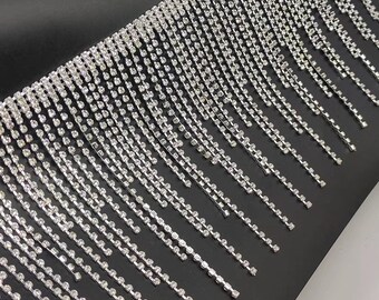 Clear Rhinestone Fringe Trim, Silver Chain Costume Couture, DIY Decoration (12cm Wide)