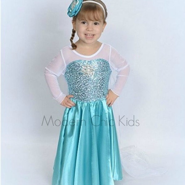 Ready To Ship Disney Inspired Frozen Queen Elsa Dress Satin Long Sleeve Dress with Cape