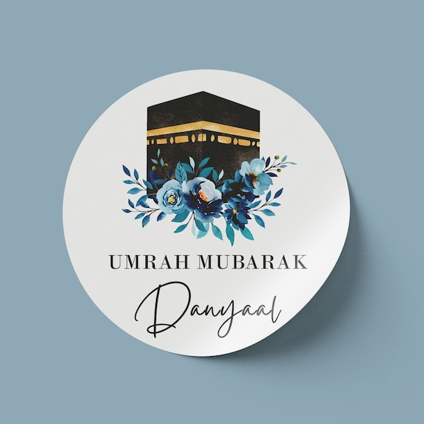 Personalised Umrah Hajj Blue Floral Design Stickers, Umrah Hajj Decor Gift