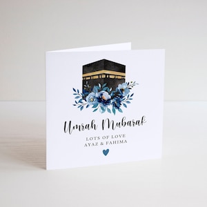 Hajj Umrah Cartão Floral Azul Personalizado Quadrado Cartão De Linho Branco, Cartão Islâmico, Presente Para Umrah, Presente Para Hajj, Cartão Personalizado, Design Floral