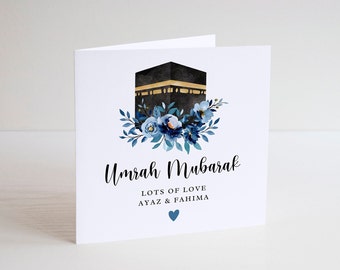 Carte bleue personnalisée Hajj Omra, carte carrée en lin blanc, carte islamique, cadeau pour la Omra, cadeau pour le Hajj, carte personnalisée, design floral