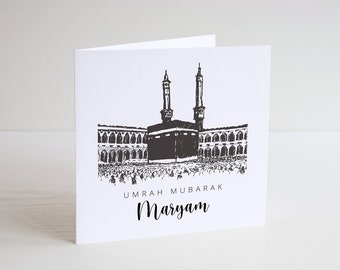 Carte personnalisée Hajj ou Omra, carte islamique, carte carrée en lin blanc, cadeau Hajj ou Omra