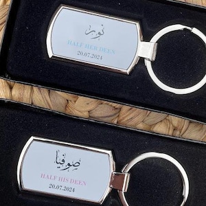 Lot de 2 porte-clés en métal personnalisés pour moitié son couple deen, porte-clés islamiques, cadeau Nikkah, cadeaux personnalisés assortis pour couple
