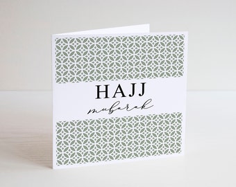 Hajj or Umrah Green Moroccan Card, Hajj or Umrah Personalised Card, Islamic Card, Square White Linen Card, Hajj or Umrah Gift