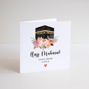 Hajj Umrah Cartão floral rosa personalizado Cartão de linho branco quadrado, cartão islâmico, presente para Umrah, presente para Hajj, cartão personalizado, design floral