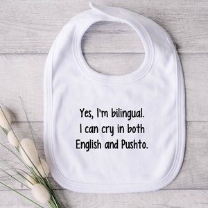 Bilingual Baby Bib, Personalised Baby Clothing Gift, Baby Hamper