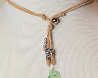 Necklace - Green Sea Glass, Silver Beaded Necklace, Leather Necklace \ Simply Silver and Glass