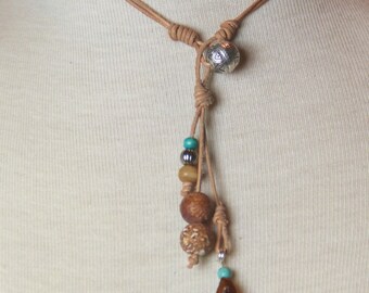 Necklace - Triangular Brown Sea Glass, Beaded Leather Necklace | Three Sided