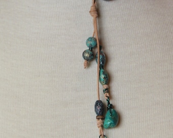 Necklace - Clear Sea Glass, Turquoise Beaded Necklace | Accented in Green