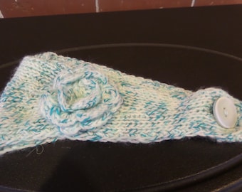 Hand Knit Head Band/Ear Warmer-- Teal & White