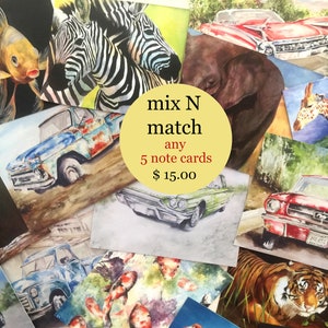 May include: A collage of watercolor paintings featuring a variety of subjects, including animals, cars, and nature scenes. The collage is arranged in a random pattern and includes a circular yellow label with the text "mix N match any 5 note cards $15.00".