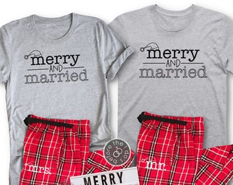 Merry and Married Couple Matching Pajamas Set - Couple Christmas Pajamas - His and Her Pajamas - Mr and Mrs Christmas (2291-PJ)