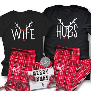 Couple Christmas Pajamas - Wife and Hubs - Matching Couple Pjs - Newlywed Christmas - Red Pajamas - Just Married Pjs (2275-PJ)