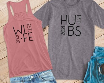 WIFE and HUBS {Est. Year} Flowy Racerback Tank and T-Shirt Set /// Honeymoon Shirts, Just Married Shirts, Couples Shirts | #1499