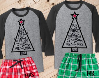 Our First Christmas as Mr. and Mrs. {with Mr./Mrs. on Pant} Couple's Pajama Set /// Wedding Pajamas, Honeymoon, Christmas Pajamas | #1583