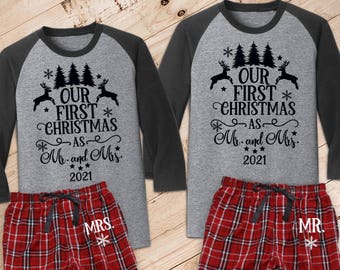 Our First Christmas as Mr. and Mrs. {with Mr/Mrs on Pant} Couple's Pajama Set /// Wedding Pajamas, Honeymoon, Christmas Pajamas | #1580