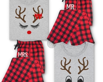 Reindeer Pajamas, Matching Couple Christmas Pjs Set Custom