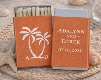 Beach Matchboxes, Palm Tree Favors, Monogram Wedding, Custom Matches