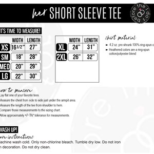 May include: A sizing chart for a short sleeve tee featuring a table with width and length measurements in inches for sizes XS through 2XL, material specifications of 4.2 oz. cotton, instructions on how to measure, and machine wash care guidelines.