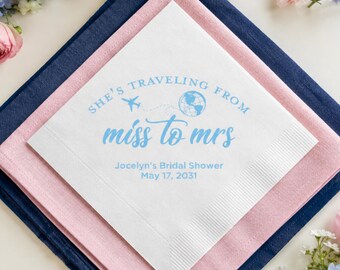 Traveling from Miss to Mrs, Bridal Shower, Custom Cocktail Napkins, Bride Brunch