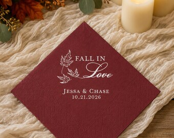 Fall in Love, Custom Cocktail Napkins, Autumn Wedding Decor