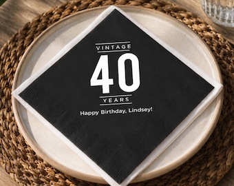 40th Birthday Napkins, Vintage Party Decor Custom